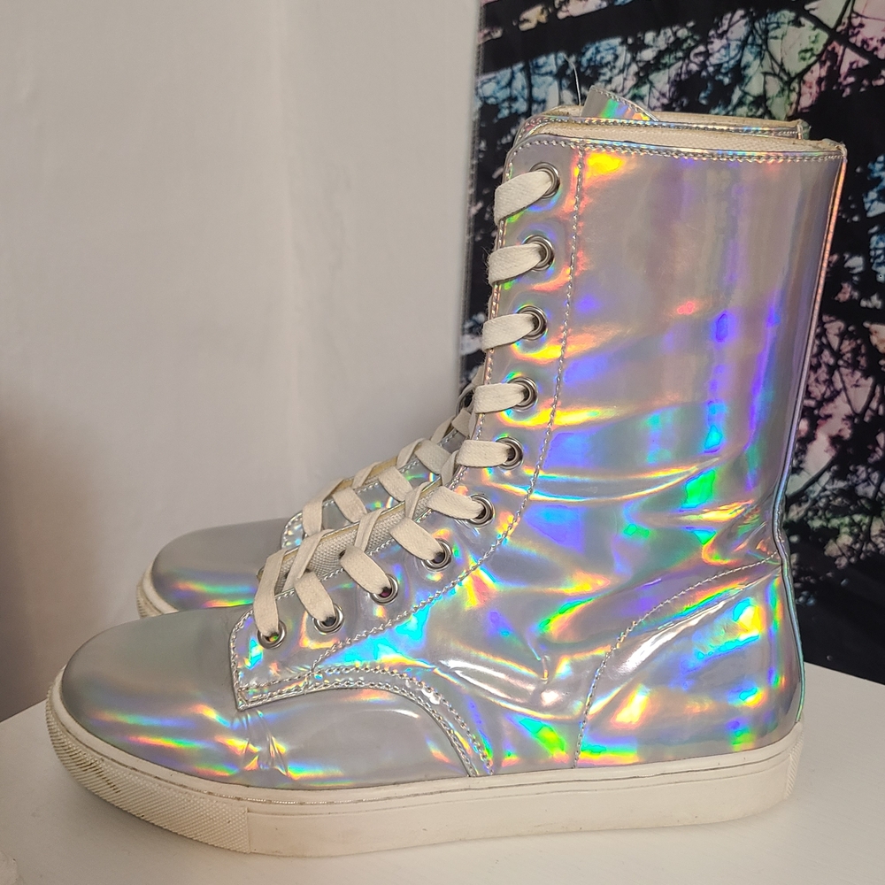 Holographic YRU Combat Boots With Card Holder/ID slot Size 7 Dolls Kill